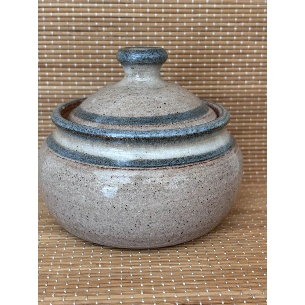 Vintage 1984 Stoneware Garlic Jar Blue Beige Handmade Cottagecore Grandmacore
